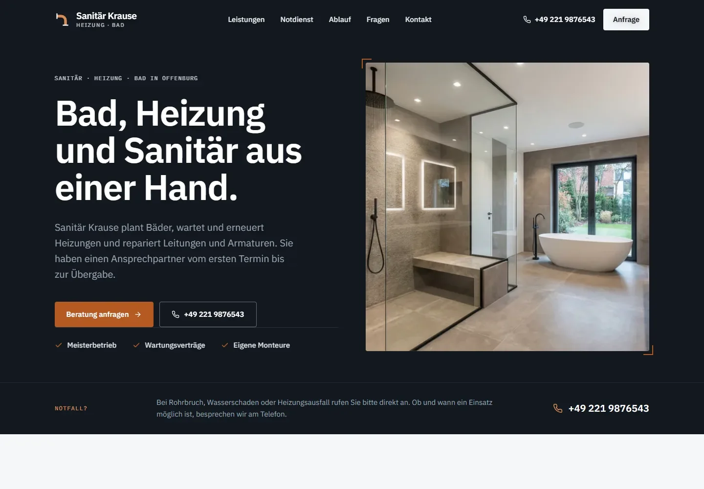 Vorschau des fiktiven Website-Beispiels für Sanitär & Heizung