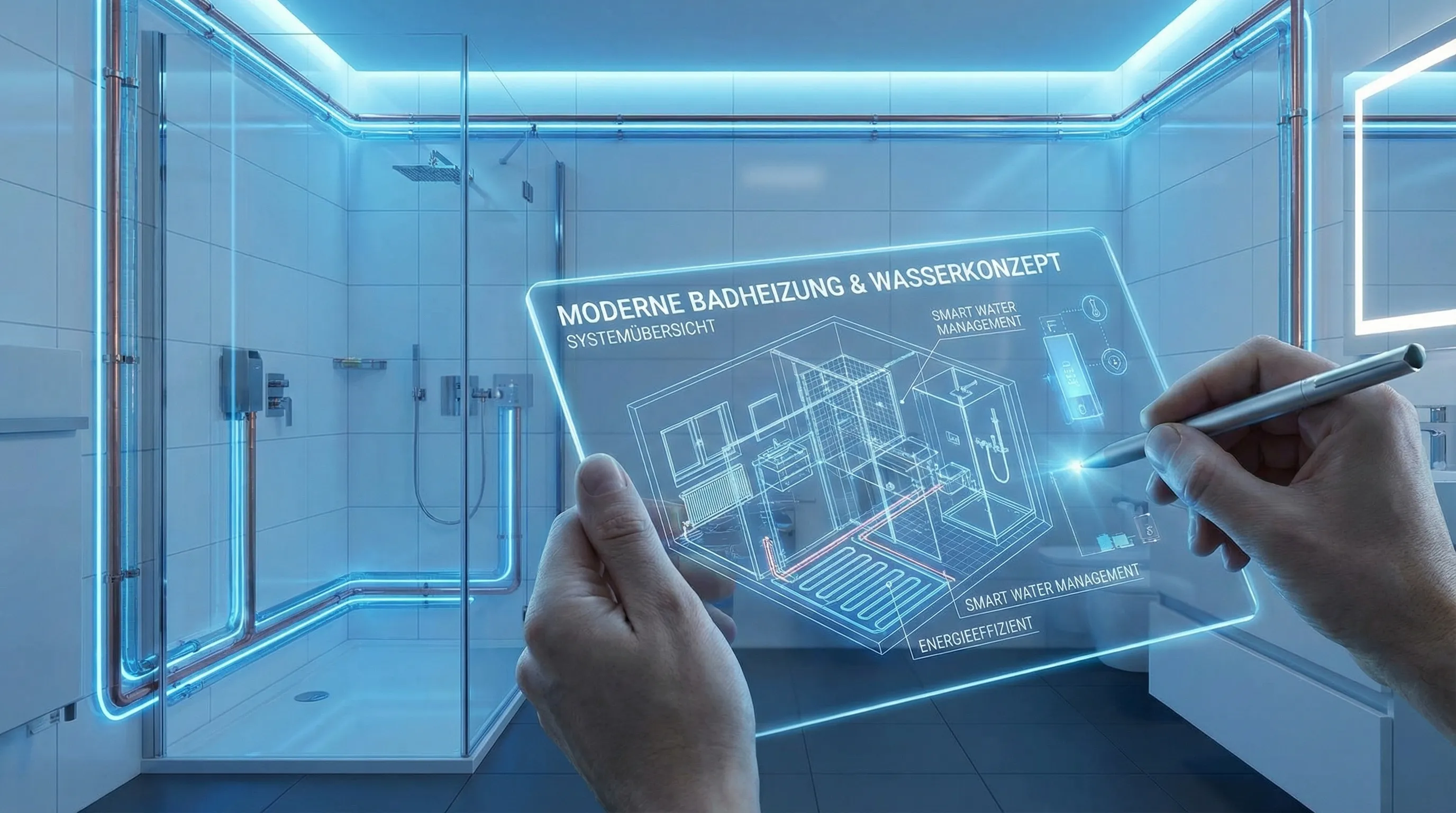 Modernes Badezimmer und Tablet mit SHK-Website